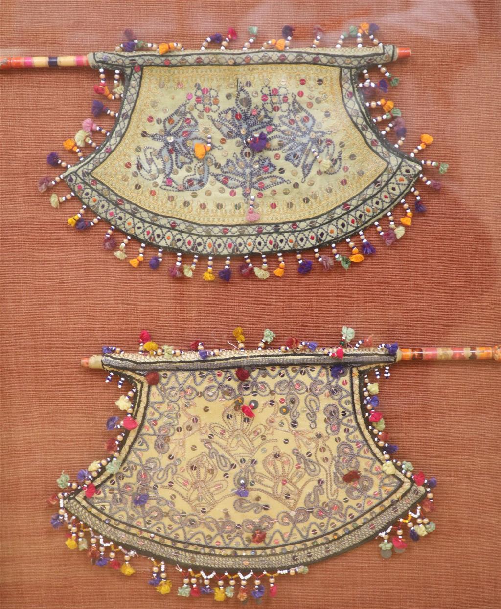 Two Chinese framed beaded embroideries, framed as one